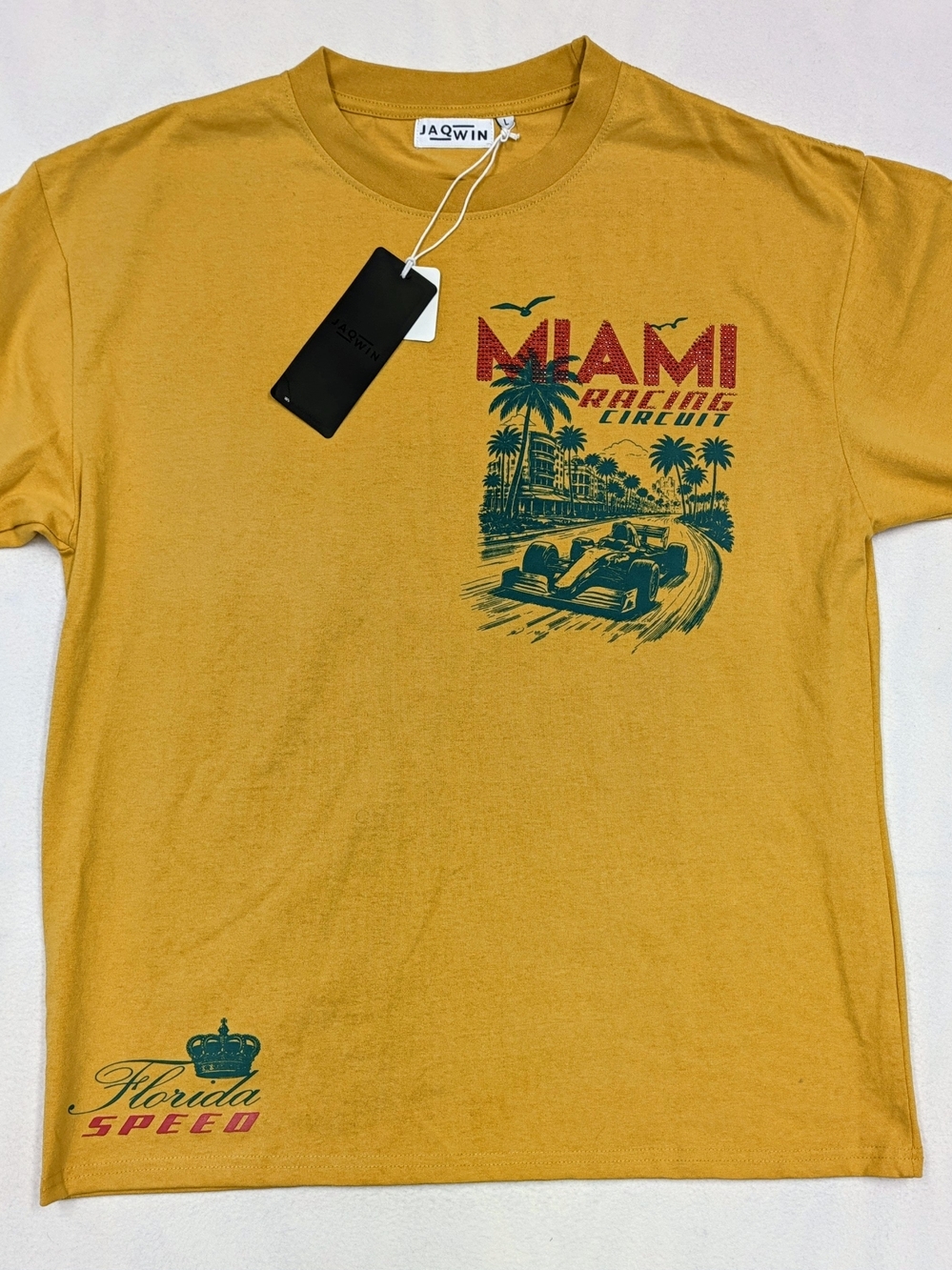 JAQWIN Men's Miami Racing Circuit Graphic Double-Sided Yellow T-Shirt Size L